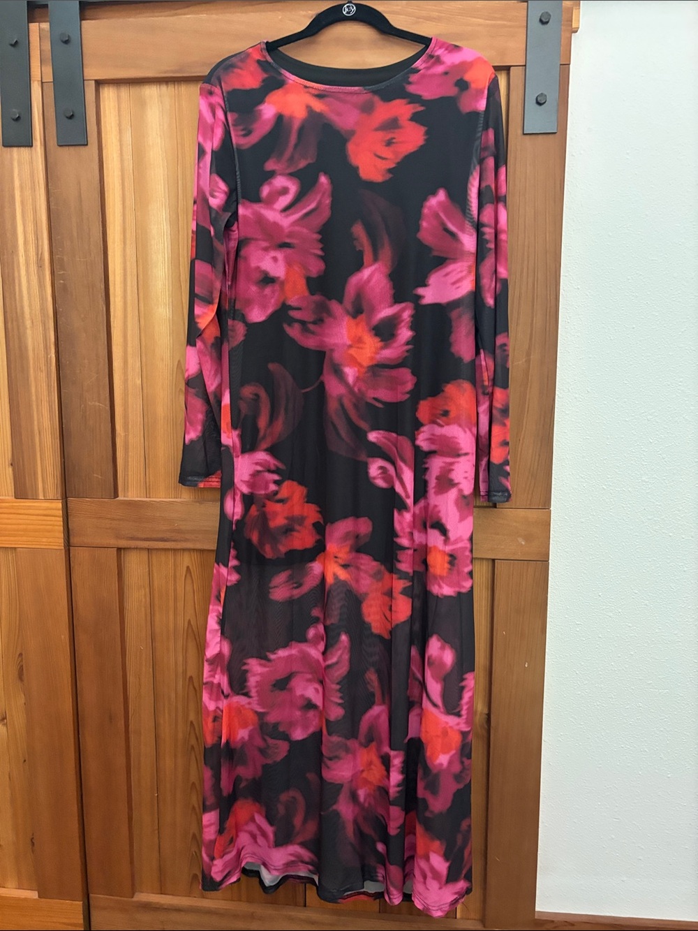 Floral Long Sleeve Mesh Maxi Dress - Pink & Red Floral